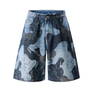 3576 Men's 11.8 oz Baggy Loose Graffiti Printing Denim Shorts