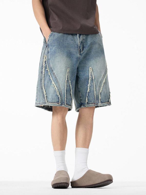 DK13 Men's Raw Edge Fringe Patchwork Distressed Denim Shorts