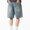 DK13 Men's Raw Edge Fringe Patchwork Distressed Denim Shorts