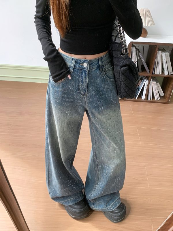Women's 11 OZ Rhinestone Classic Five Pockets Wide Leg Jeans