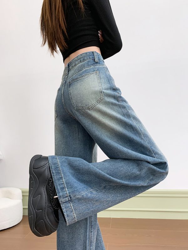 Women's 11 OZ Rhinestone Classic Five Pockets Wide Leg Jeans