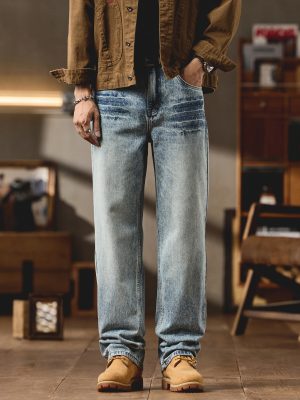 9912 Men's Vintage Acid Snow Wash Hand‑Brushed Whiskers Jeans