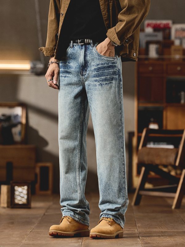 9912 Men's Vintage Acid Snow Wash Hand‑Brushed Whiskers Jeans