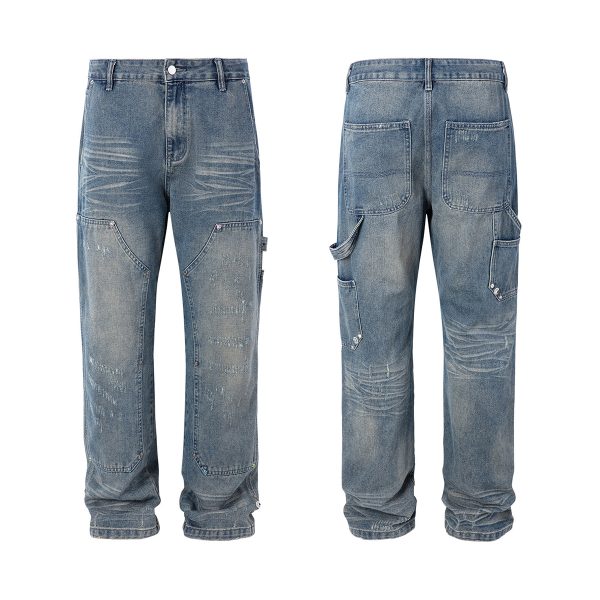 8687 Men's 13.8 OZ Mud Vintage Wash Distressed Ripped Carpenter Jeans
