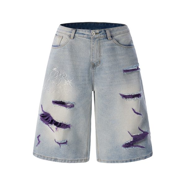 1787681729877712.jpg 1519 Men's 13 OZ Grunge Blue‑purple Two‑tone Denim Cropped Capri Ripped Jeans