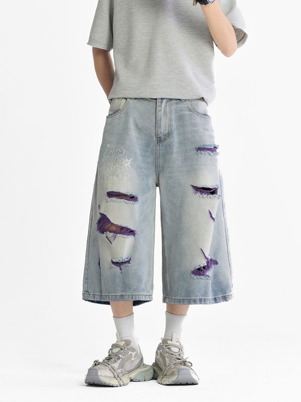 1787682331427002.jpg 1519 Men's 13 OZ Grunge Blue‑purple Two‑tone Denim Cropped Capri Ripped Jeans
