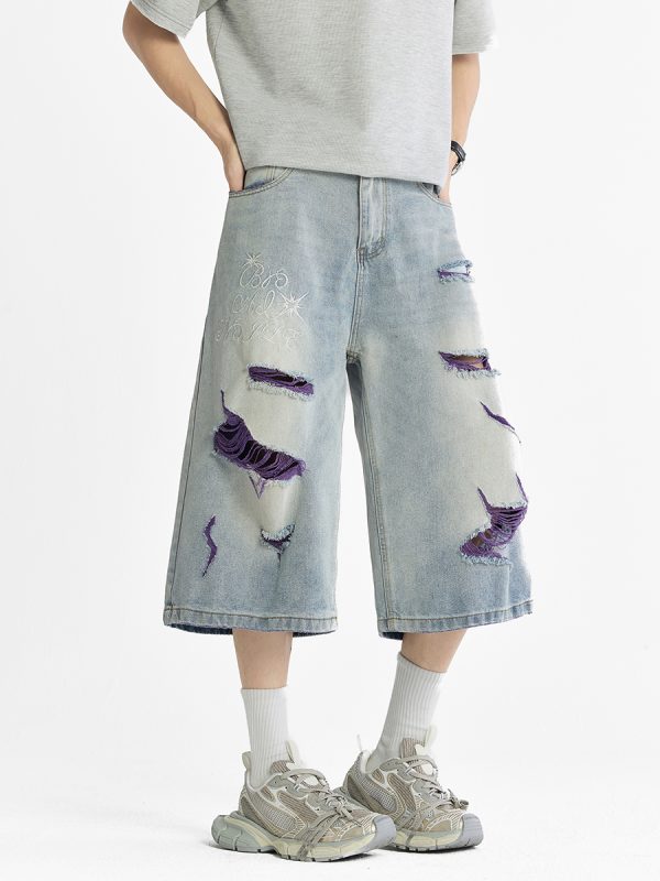 1787682336560662.jpg 1519 Men's 13 OZ Grunge Blue‑purple Two‑tone Denim Cropped Capri Ripped Jeans