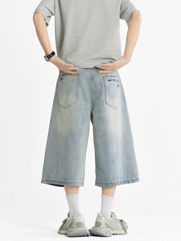 1787682341593578.jpg 1519 Men's 13 OZ Grunge Blue‑purple Two‑tone Denim Cropped Capri Ripped Jeans