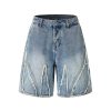 DK13 Men's Raw Edge Fringe Patchwork Distressed Denim Shorts