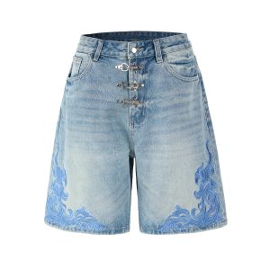 K030 Men's 13.2 OZ Snap Hook 3D Baroque Embroidery Denim Shorts