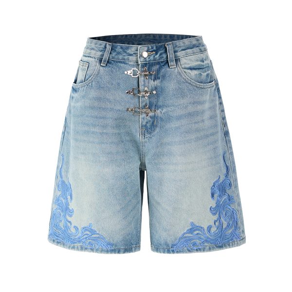 K030 Men's 13.2 OZ Snap Hook 3D Baroque Embroidery Denim Shorts
