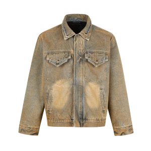 DY-965 Men's Mud Vintage Wash Double Collar Quilted Lined Padded Denim Jackets