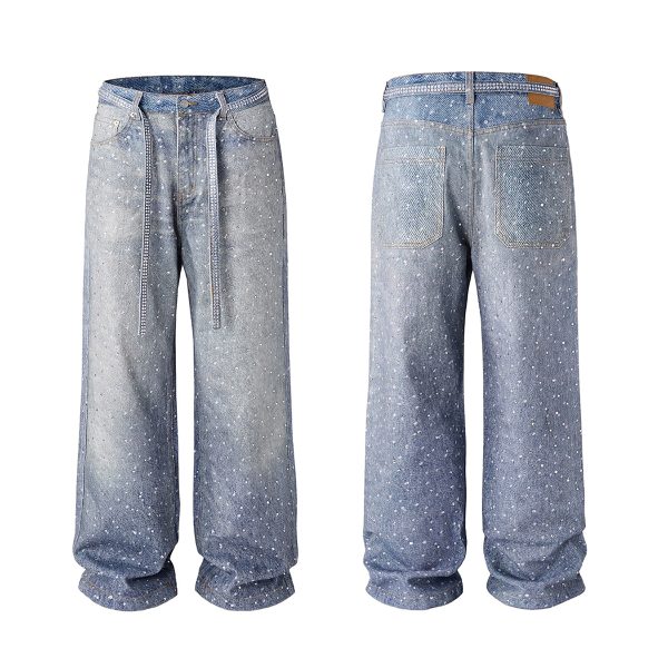 Q166 Men's 3D Digital Printing Rhinestone Loose Straight Jeans