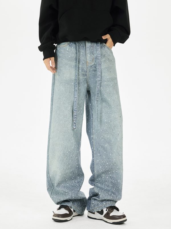 Q166 Men's 3D Digital Printing Rhinestone Loose Straight Jeans