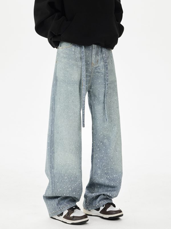 Q166 Men's 3D Digital Printing Rhinestone Loose Straight Jeans