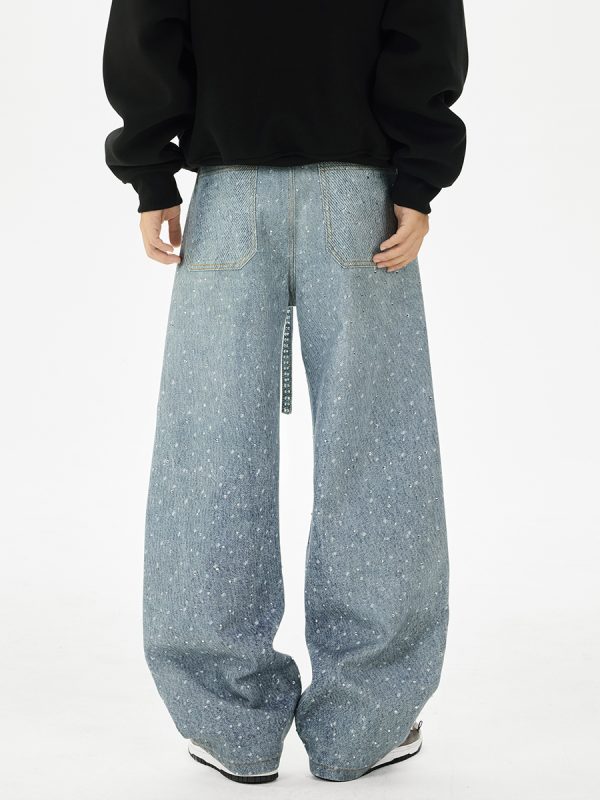 Q166 Men's 3D Digital Printing Rhinestone Loose Straight Jeans