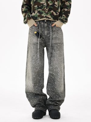 Q166 Men's 3D Digital Printing Rhinestone Loose Straight Jeans