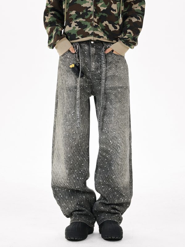 Q166 Men's 3D Digital Printing Rhinestone Loose Straight Jeans