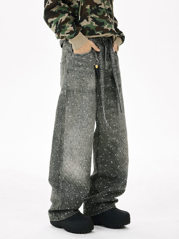 Q166 Men's 3D Digital Printing Rhinestone Loose Straight Jeans