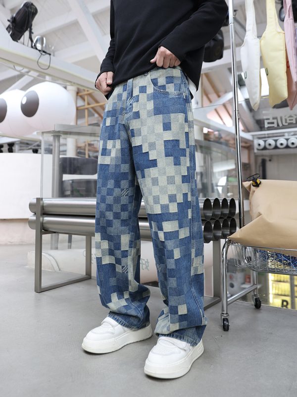 1787921031962862.jpg 3752 Men's 10.4 OZ 100% Cotton Baggy Checkered Jacquard Denim Jeans
