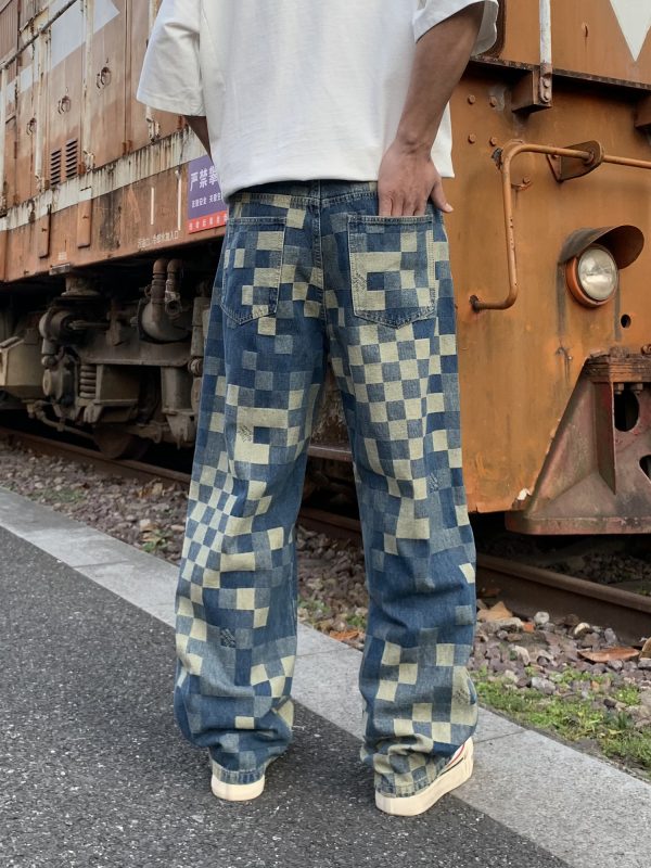 1787921063520492.jpg 3752 Men's 10.4 OZ 100% Cotton Baggy Checkered Jacquard Denim Jeans