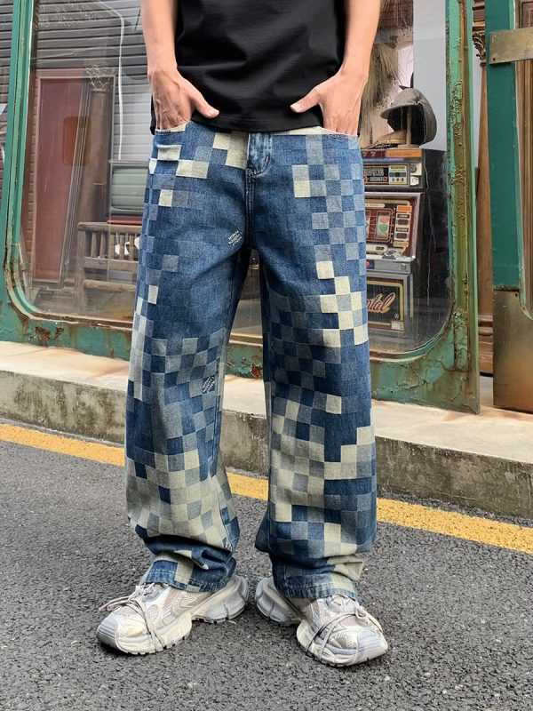 1787921072838748.jpg 3752 Men's 10.4 OZ 100% Cotton Baggy Checkered Jacquard Denim Jeans