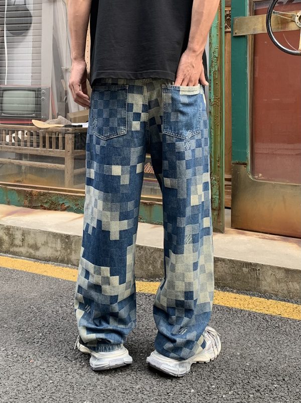 1787921086858802.jpg 3752 Men's 10.4 OZ 100% Cotton Baggy Checkered Jacquard Denim Jeans