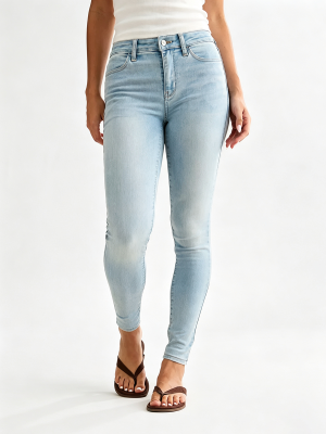 Women's Stretch High Rise Skinny Pale Light Blue Enzyme Stone Wash Sandblasted Jeans
