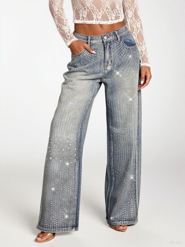 1788125419108755.png Women's 12.8 OZ All‑over Rhinestone Wide Leg Snow Wash Jeans