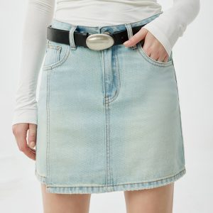 Women's 11.8 OZ Minimalist A‑line Raw Hem Mini Denim Skirts