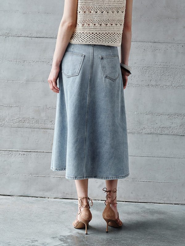 Women's 12.8 OZ High Rise Minimalist A‑line Midi Denim Skirts