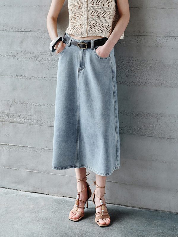 Women's 12.8 OZ High Rise Minimalist A‑line Midi Denim Skirts