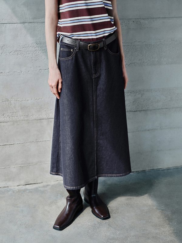 Women's 12.8 OZ High Rise Minimalist A‑line Midi Denim Skirts