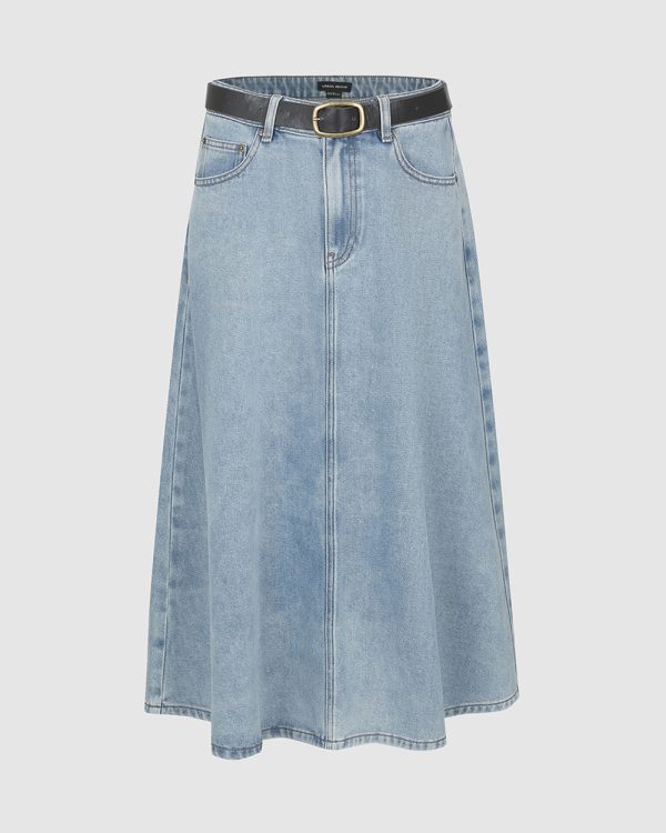 Women's 12.8 OZ High Rise Minimalist A‑line Midi Denim Skirts