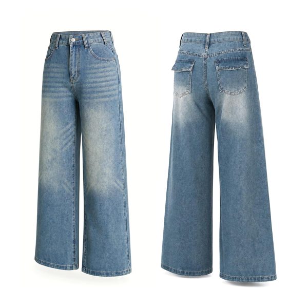 Women's 12.8 OZ Stretch High Rise Faded Wash Wide Leg Flap Back Pockets Jeans
