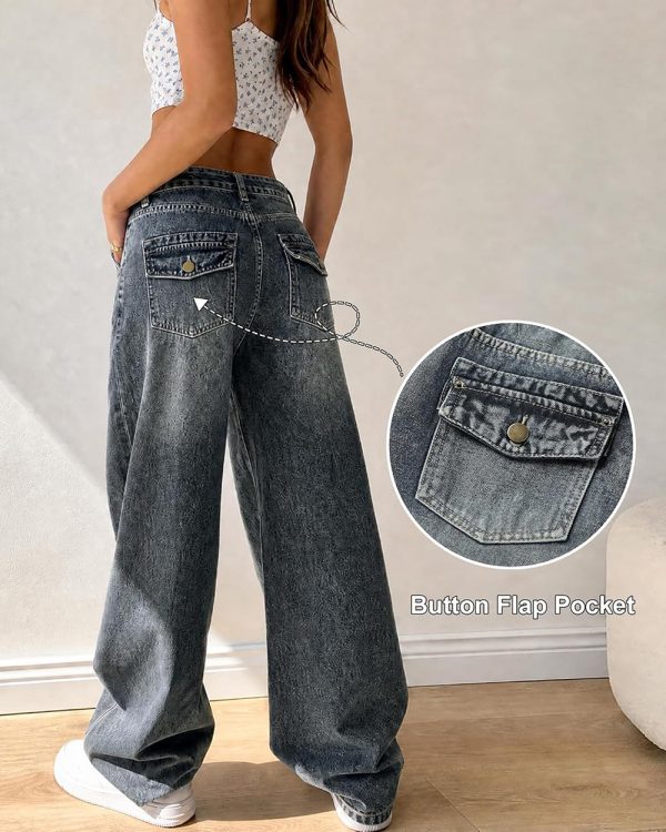Women's 12.8 OZ Stretch High Rise Faded Wash Wide Leg Flap Back Pockets Jeans