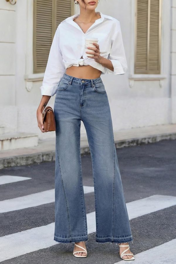 Women's 11.8 OZ High Rise Wide Leg Raw Frayed Released Hem Jeans