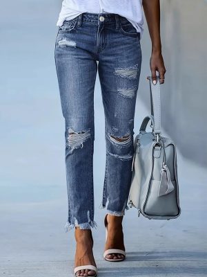 Women's 11.8 OZ High Rise Distressed Ankle Length Cropped Destroyed Ripped Skinny Jeans