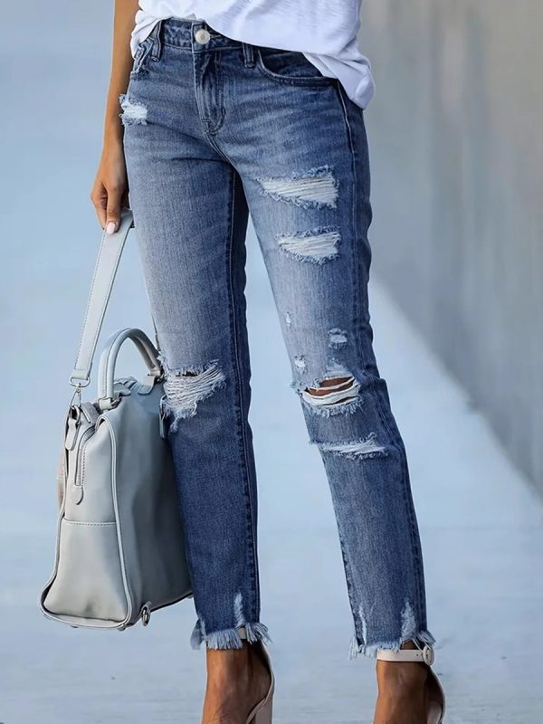Women's 11.8 OZ High Rise Distressed Ankle Length Cropped Destroyed Ripped Skinny Jeans