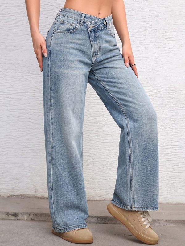 1097 Women's 12 oz Y2K Criss‑cross Crossover Waistband Acid Snow Wash Wide Leg Jeans