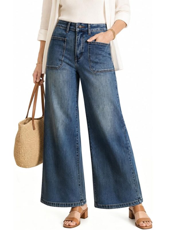 Women's 11.8 OZ Retro Cargo Square Front Patch Pockets Wide Leg Jeans