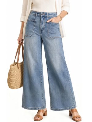 Women's 11.8 OZ Retro Cargo Square Front Patch Pockets Wide Leg Jeans