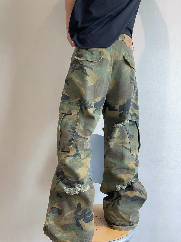 CAMO001 Men's Skate Camo Distressed Cargo Ripped Wide Leg Pants