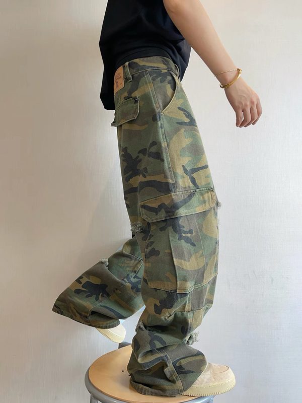 CAMO001 Men's Skate Camo Distressed Cargo Ripped Wide Leg Pants