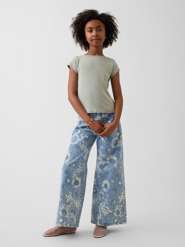 10 OZ Big Girls Vintage Hippie Y2K Low Rise All‑over Digital Floral Printing Baggy Jeans
