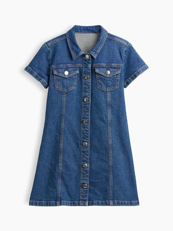 10.5 OZ Big Girls Short Sleeve Western Casual Preppy Stretch Denim Shirt Dresses