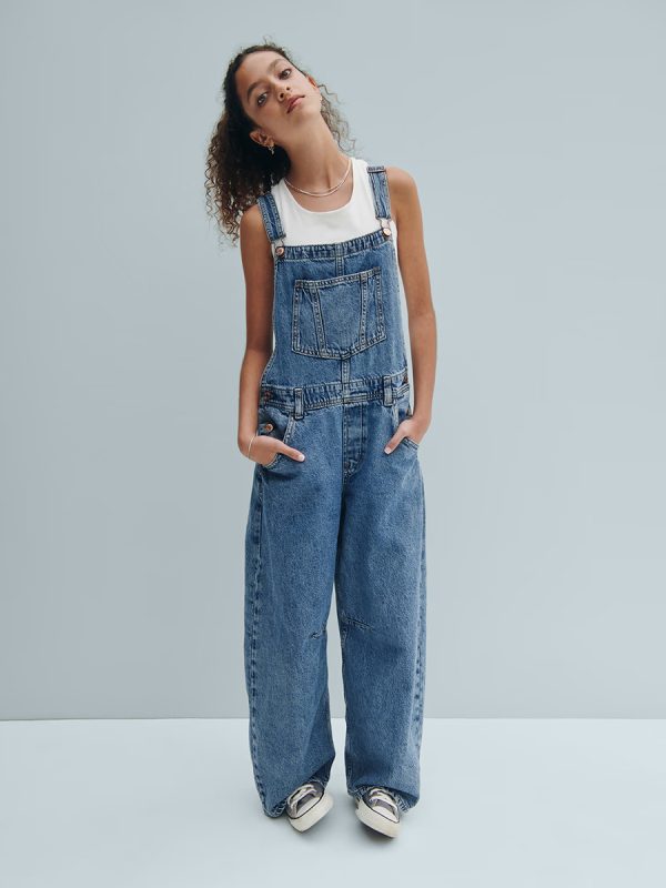 10.2 OZ Big Girls Vintage Workwear Baggy Barrel‑Leg Denim Overalls