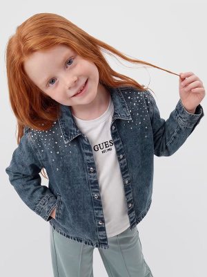11.8 OZ Little Girls Vintage Cropped Acid Wash Rhinestone Denim Jackets