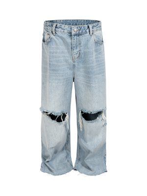 TJ176 Men's 14.5 OZ Rigid Baggy Straight Ripped Raw Hem Jeans