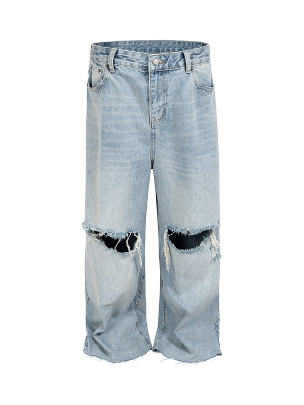 TJ176 Men's 14.5 OZ Rigid Baggy Straight Ripped Raw Hem Jeans